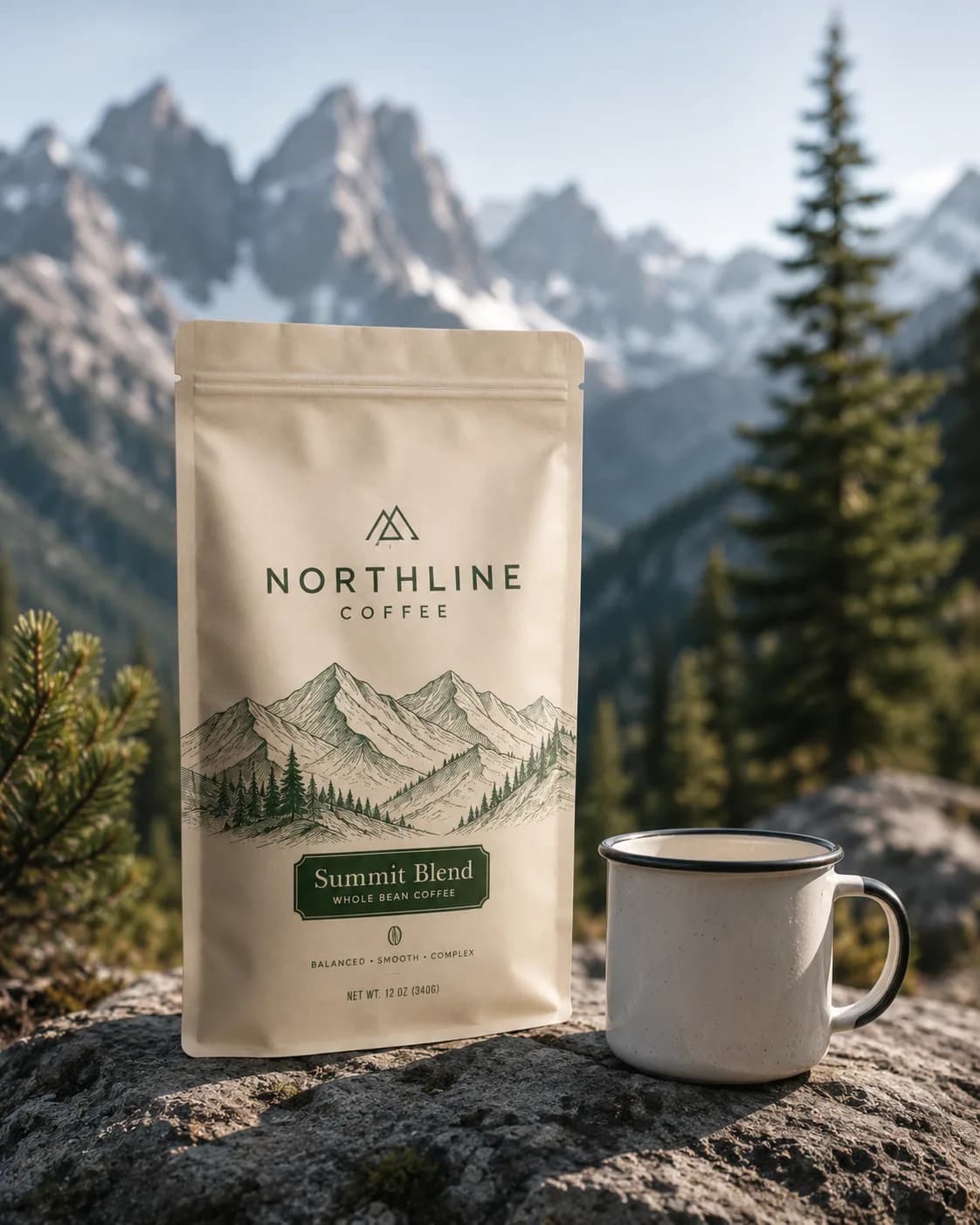 Northline coffee pouch in an alpine campaign scene