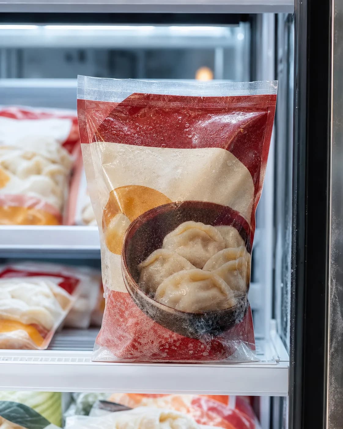 Frozen dumplings pouch in a freezer door