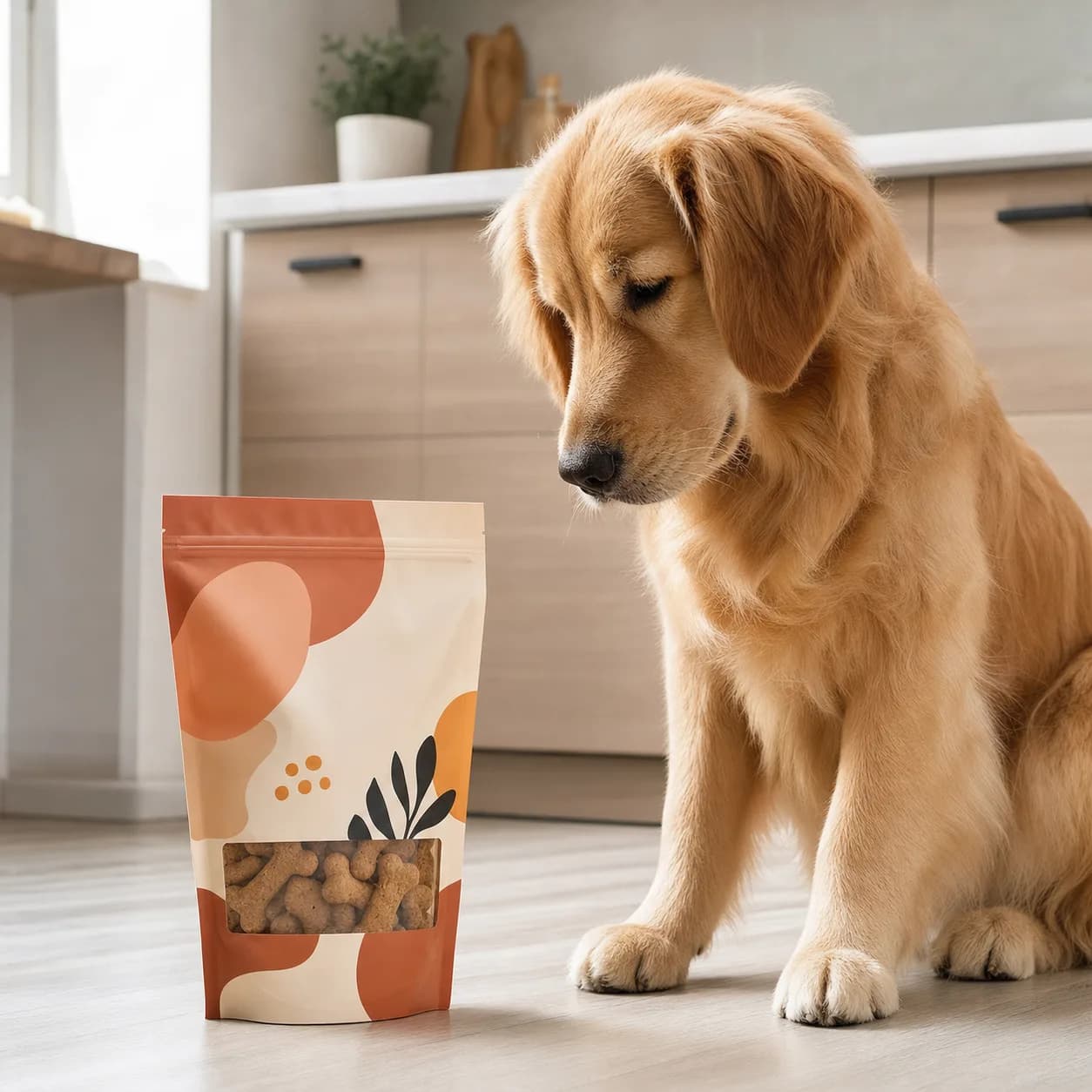 Pet treats pouch in a bright kitchen