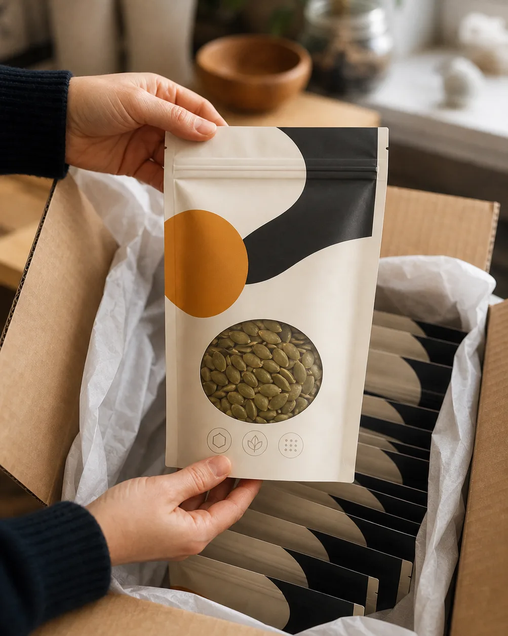 First printed seed-snack pouch lifted from the box