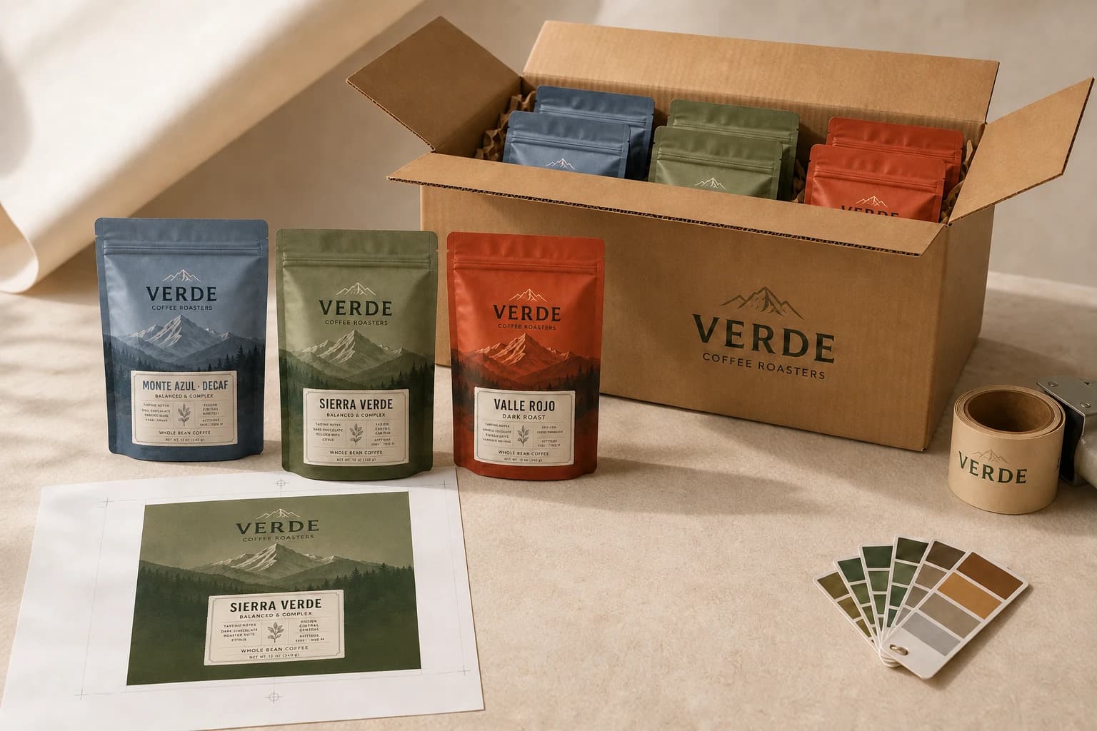 Verde packaging concept with pouches, artwork proof and a shipping carton