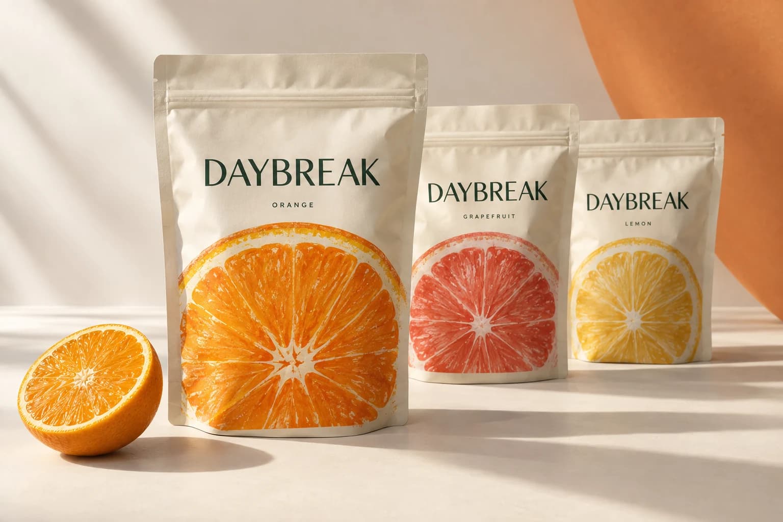 Daybreak citrus pouch packaging and coordinated artwork concept