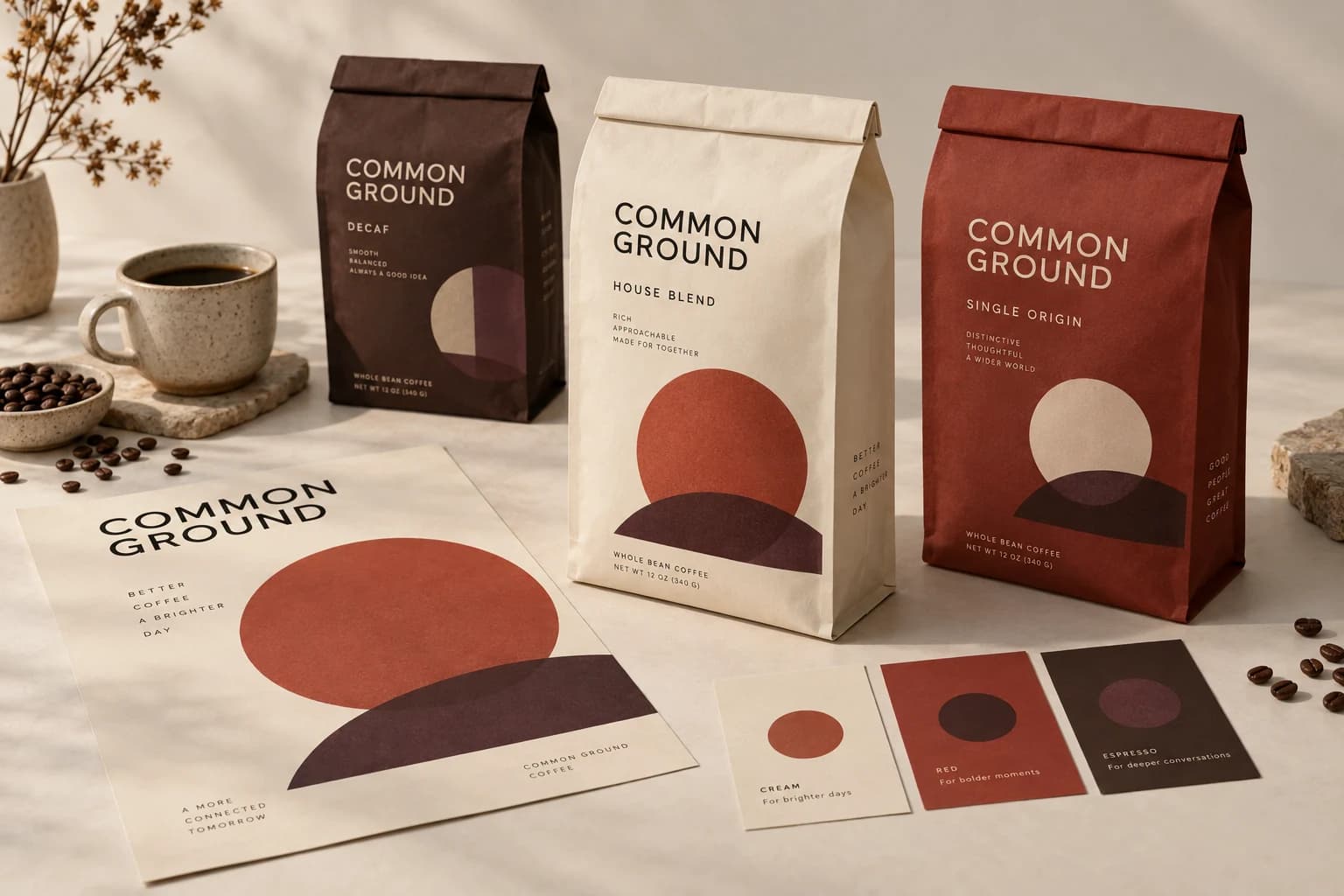 Common Ground coffee packaging concept with coordinated artwork and colour swatches
