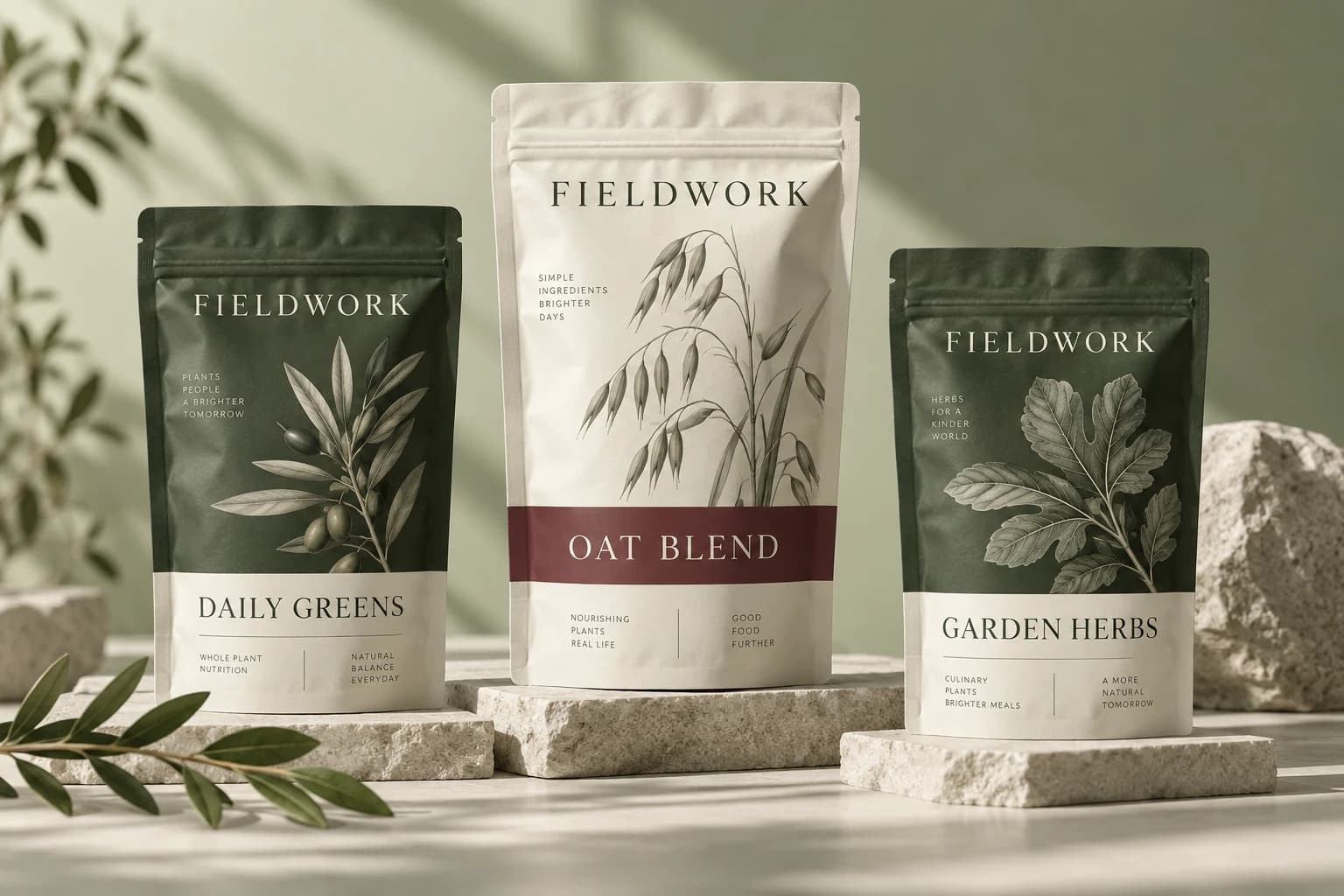 Fieldwork botanical pantry pouches, a fictional AI-generated packaging concept