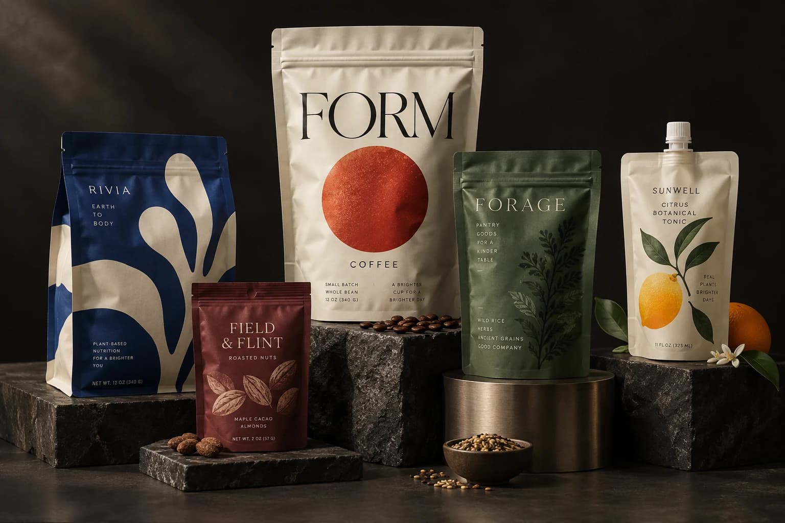 An editorial concept collection of coffee, pantry, snack and spout pouches