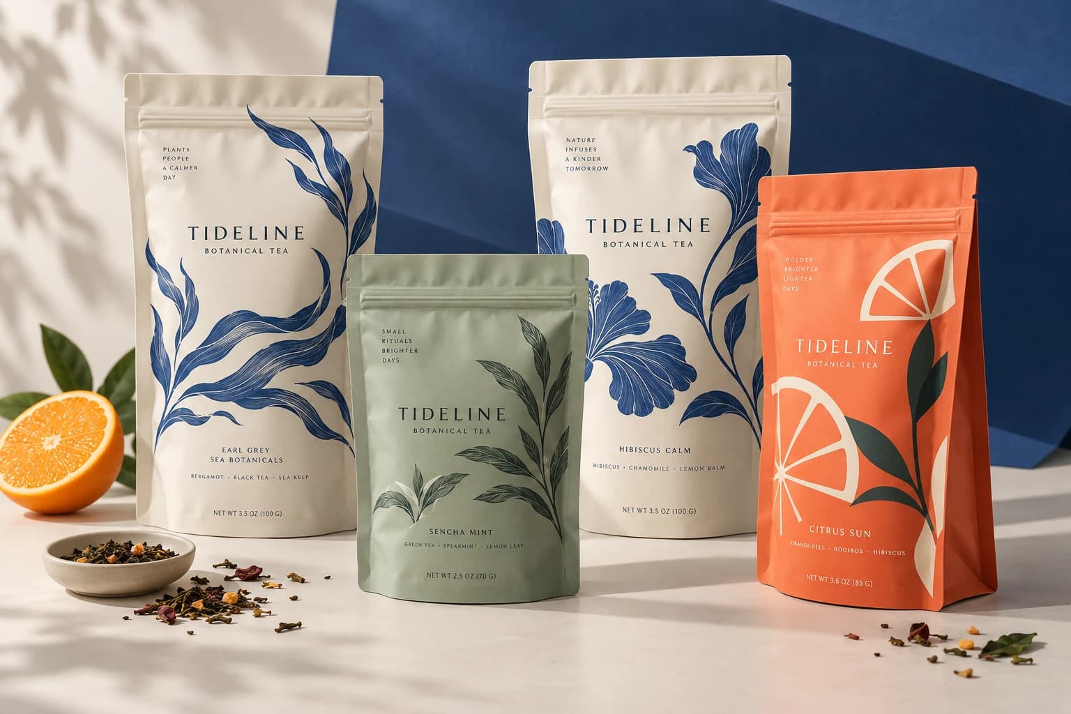 Fictional TIDELINE tea packaging in cream, cobalt, sage and coral