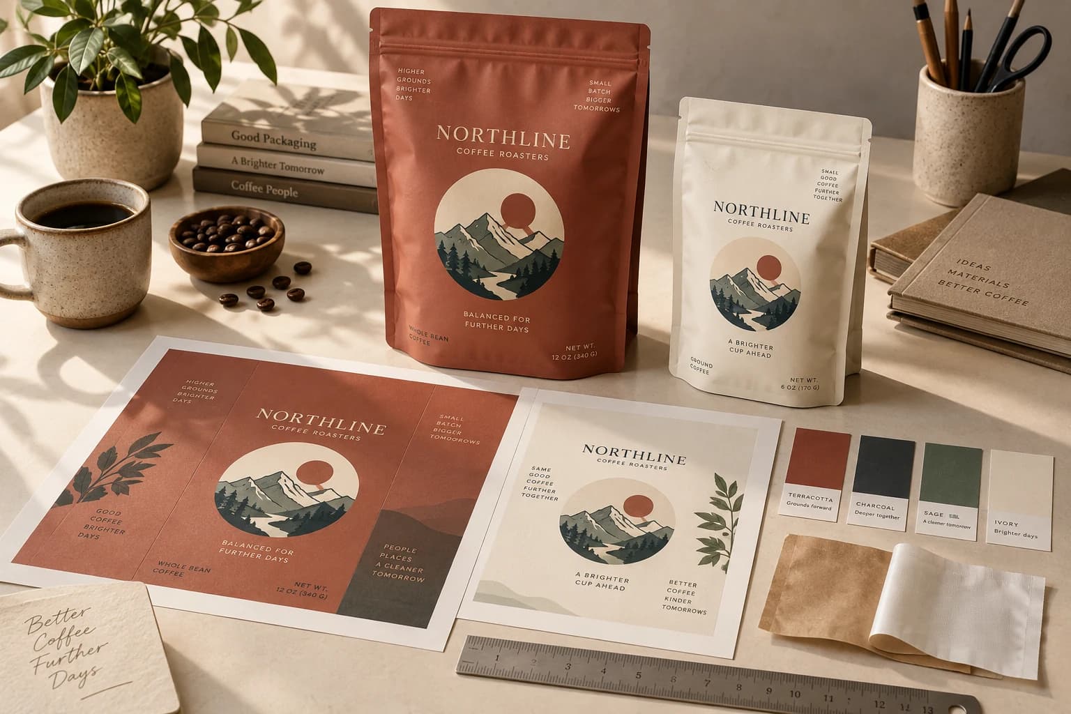 NORTHLINE coffee pouches with flat artwork and color swatches, a fictional AI-generated packaging concept